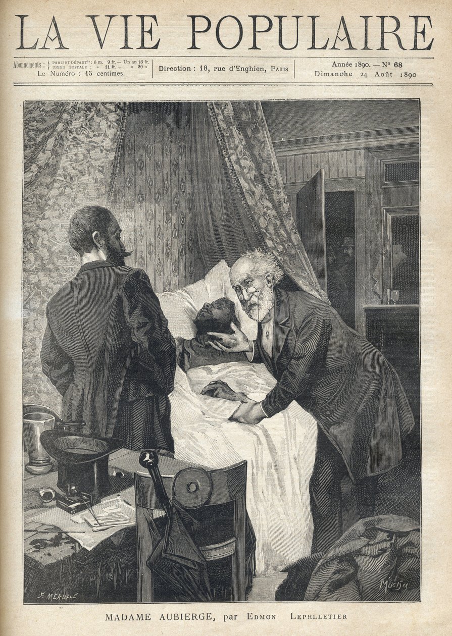 Dois homens debruçam-se sobre uma cama para ver a morte de um homem. À porta, outros homens estão a ver a cena do crime. Ilustração de Alfons Maria Mucha (Alphonse Marie Mucha de Alphonse Mucha
