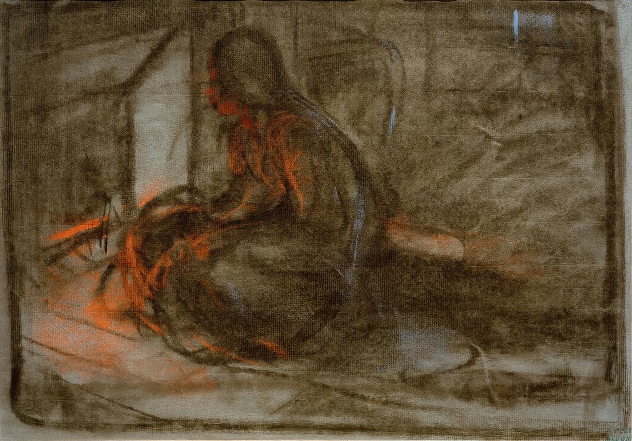 Mulher sentada em frente ao fogo de Alphonse Mucha