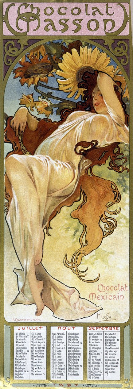 Mulher no clima de Outono - por Mucha, calendário "Chocolat Mexicain Chocolat Masson", Julho, Agosto, Setembro de 1897. de Alphonse Mucha