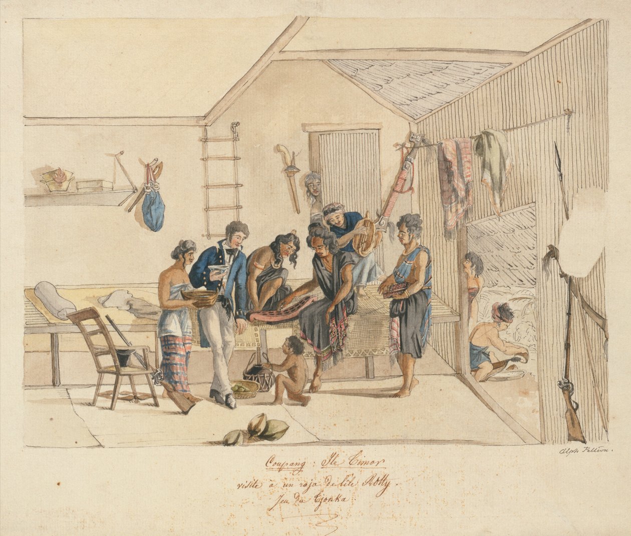 Visita a um Raja das Ilhas Timor (caneta, tinta e aguarela sobre papel) de Alphonse Pellion
