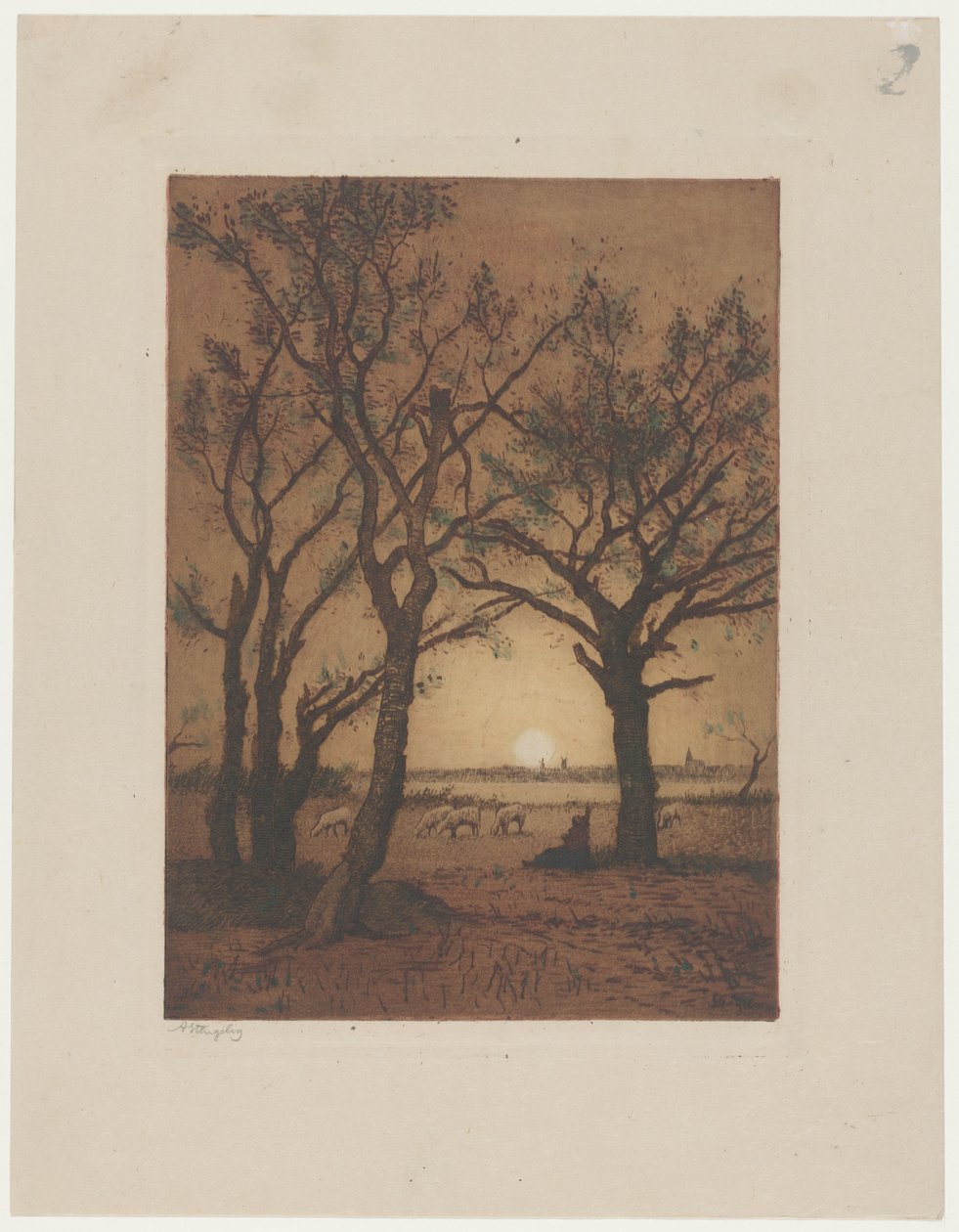 Paisagem com ovelhas ao pôr do sol Paisagem noturna com ovelhas em Drenthe de Alphonse Stengelin (signed by artist)