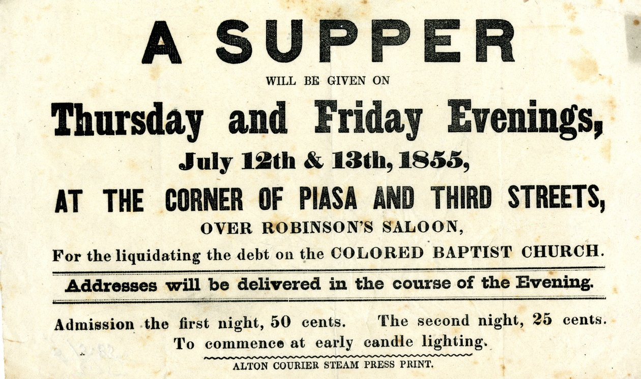 Circular publicitando um jantar em benefício da Igreja Batista Colorida, a ser realizado no Salão Robinson, [Alton, Illinois], 12-13 de julho de 1855 de Alton Courier
