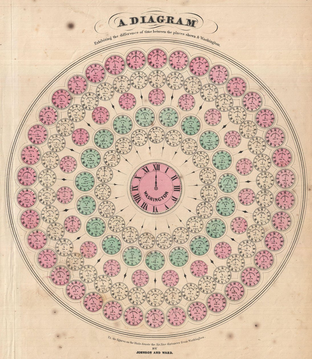 Um diagrama mostrando a diferença de tempo entre os locais mostrados e Washington de Alvin Jewett Johnson