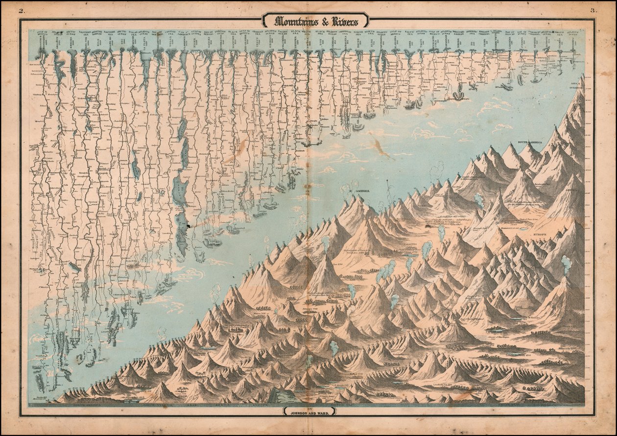 Ca. Mapa comparativo de montanhas e rios de 1863 de Alvin Jewett Johnson