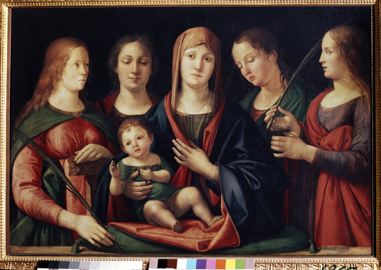 A Virgem e o Menino com Maria Madalena Santa Catarina e dois santos (Madona e o Menino com Maria Madalena, Santa Catarina e dois santos). Pintura de Alvise Vivarini (cerca de 1446-cerca de 1505). Óleo sobre tela, 89 x 129 cm de Alvise Vivarini