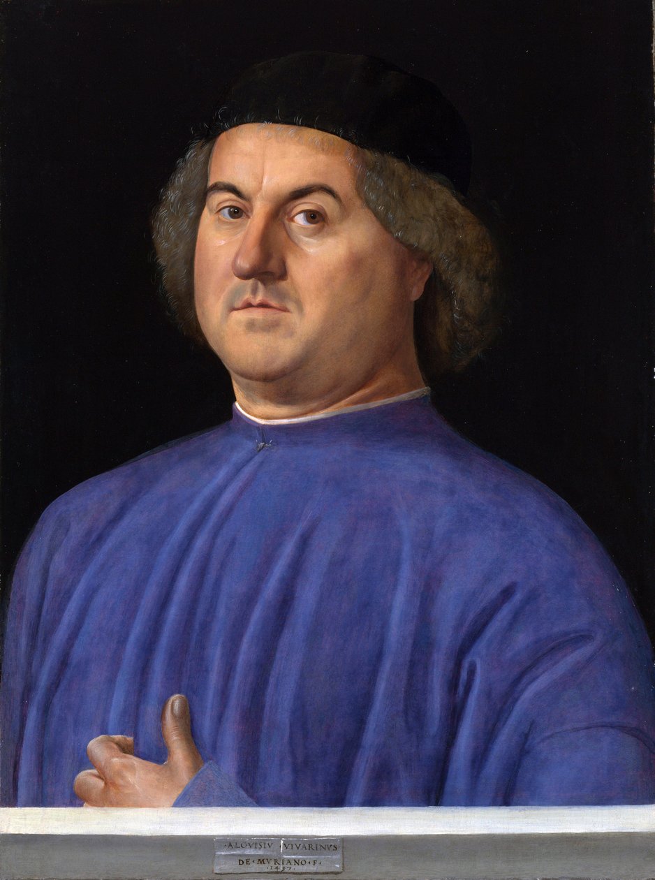 "" Retrato de um homem "" Bourgeois vestido com uma túnica azul - Pintura de Alvise Vivarini (cerca de 1446-cerca de 1505) 1497 Galeria Nacional de Londres de Alvise Vivarini