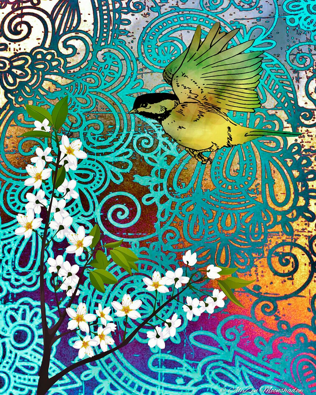 Pássaro com flores de cerejeira, 2014, (telefone digital de mídia mista) de AlyZen Moonshadow