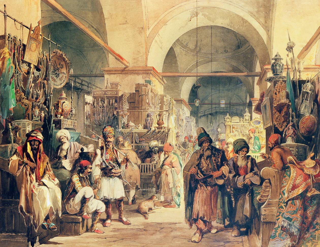 Um bazar turco, 1854 (lápis e wc no papel) de Amadeo Preziosi