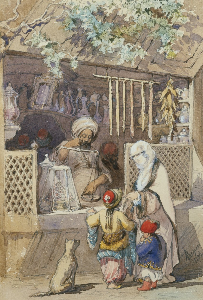Figuras turcas em uma banca de Sweetmeat, 1851 (lápis e wc) de Amadeo Preziosi