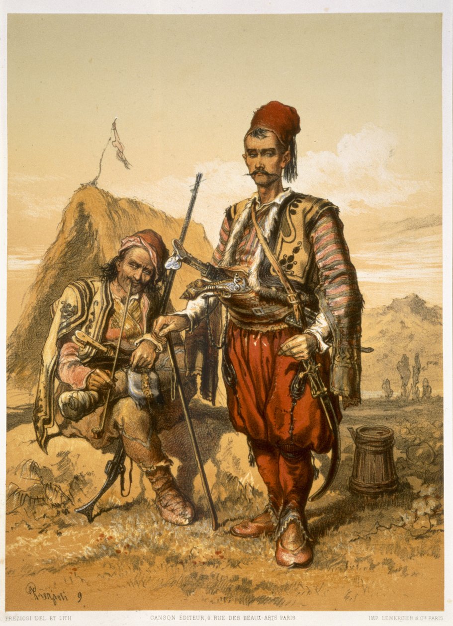 Soldados de infantaria turcos no exército otomano, bar. por Lemercier, c.1857 de Amadeo Preziosi