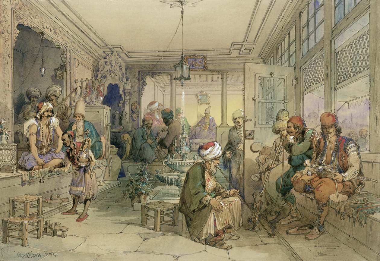 Uma cafeteria, Constantinopla, 1854 (caneta e tinta sobre papel) de Amadeo Preziosi