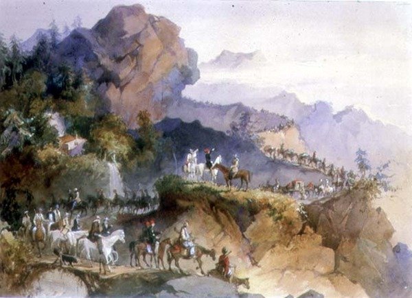 Uma Festa Diplomática sendo Escoltada Através de uma Serra (aguarela sobre papel) de Amadeo Preziosi