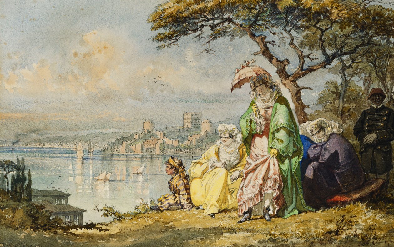Senhoras no Bósforo com Rumeli Hisar Além, 1873 de Amadeo Preziosi
