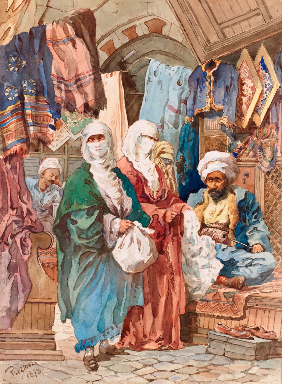 O Bazar da Seda - Por Amedeo Preziosi (1816-1882), Aguarela sobre papel (41x30 cm) - Museu Pera, Istambul de Amadeo Preziosi
