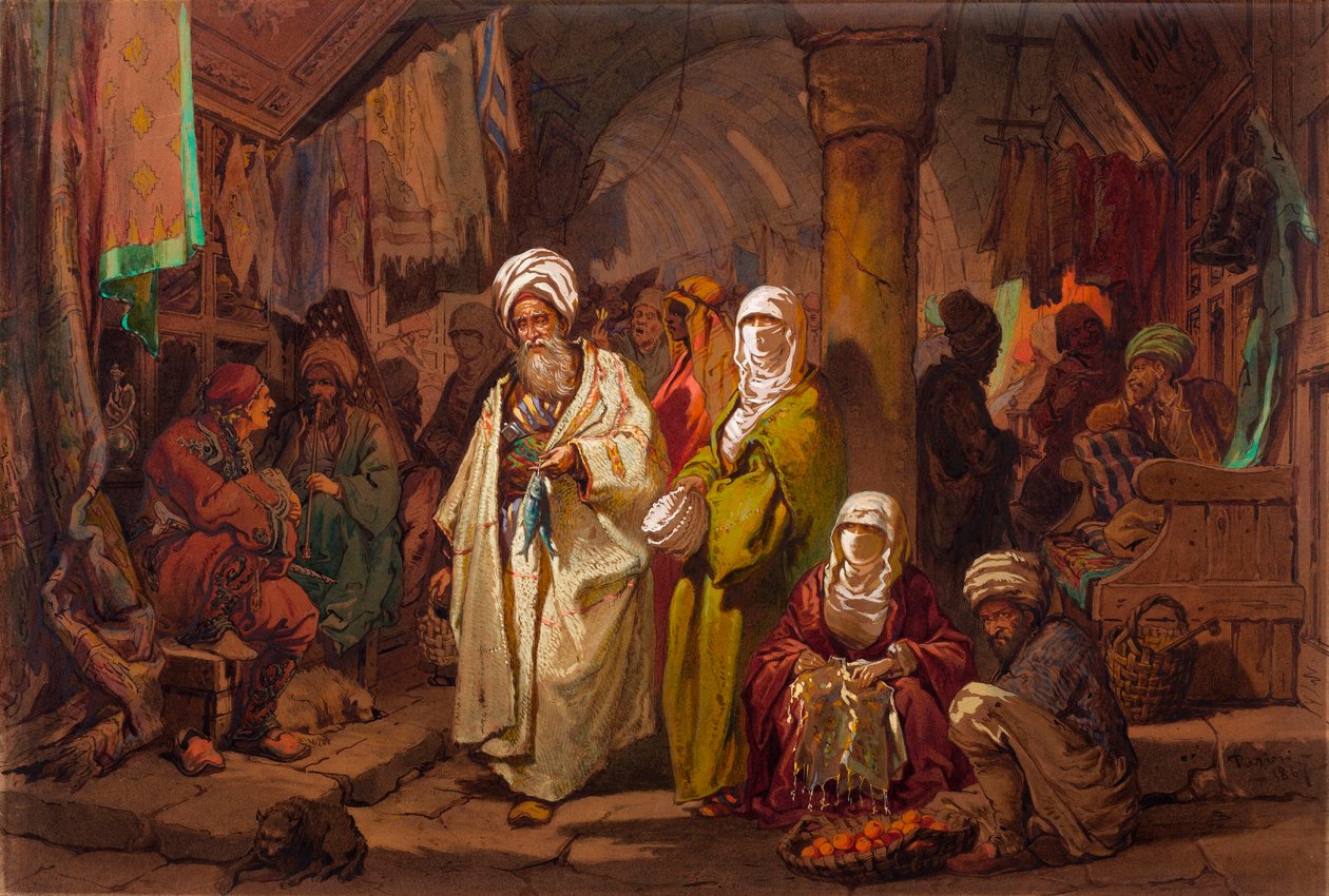 Le grand bazar (souk, marche oriental) - O Grande Bazar - Por Amedeo Preziosi (1816-1882) Aguarela sobre papel (45,5x67cm) - Museu Pera, Istambul de Amadeo Preziosi
