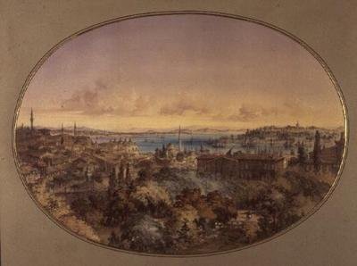 Vista de Constantinopla de Galata olhando para o Corno de Ouro e o Bósforo (aguarela sobre papel) de Amadeo Preziosi