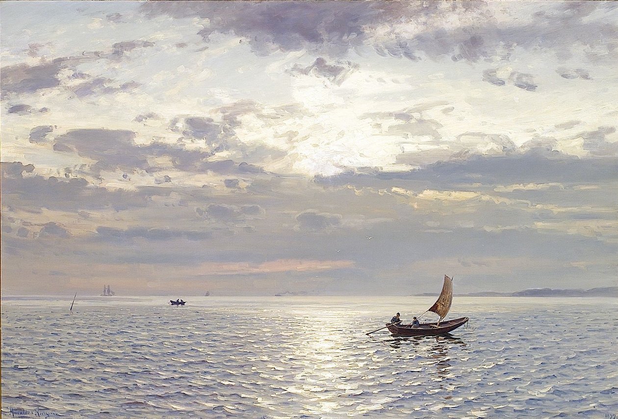 Noite, humor, sobre, a, mar, de, a, fjord , noite, seascape de Amaldus Nielsen