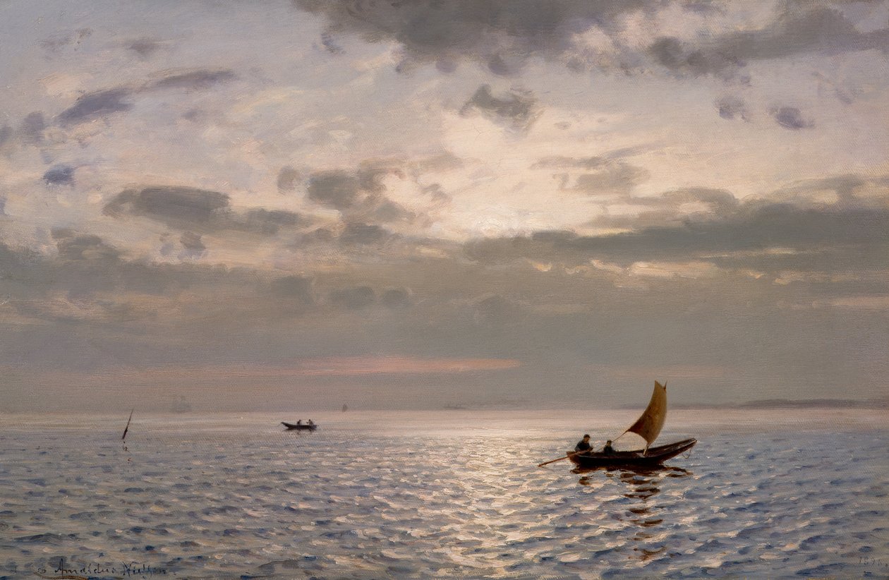 Sol e mar cintilante com barcos de Amaldus Nielsen