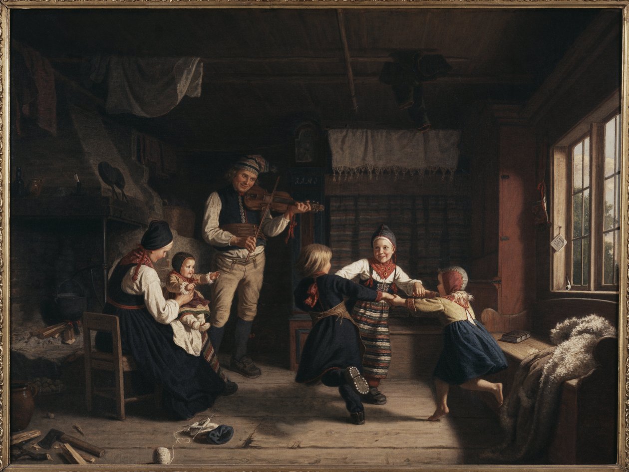 Dimanche soir dans une ferme de Dalecarlie - Noite de Domingo em uma Fazenda em Dalarna, por Lindegren, Amália (1814-1891). Óleo sobre tela de Amalia Lindegren