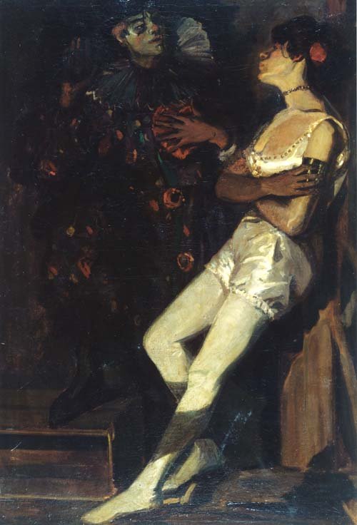 Artista em pé e Pierrot em uma sala escura de Amandus Faure