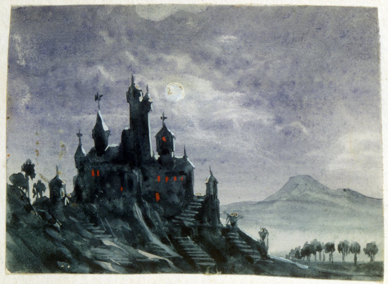 Vista de um castelo fantástico ao luar". Aguarela e guache. Aurore Amadine Lucie Dupin (1804-1876) Romancista e feminista francesa que escreveu sob o nome de George Sand. de Amantine Dupin