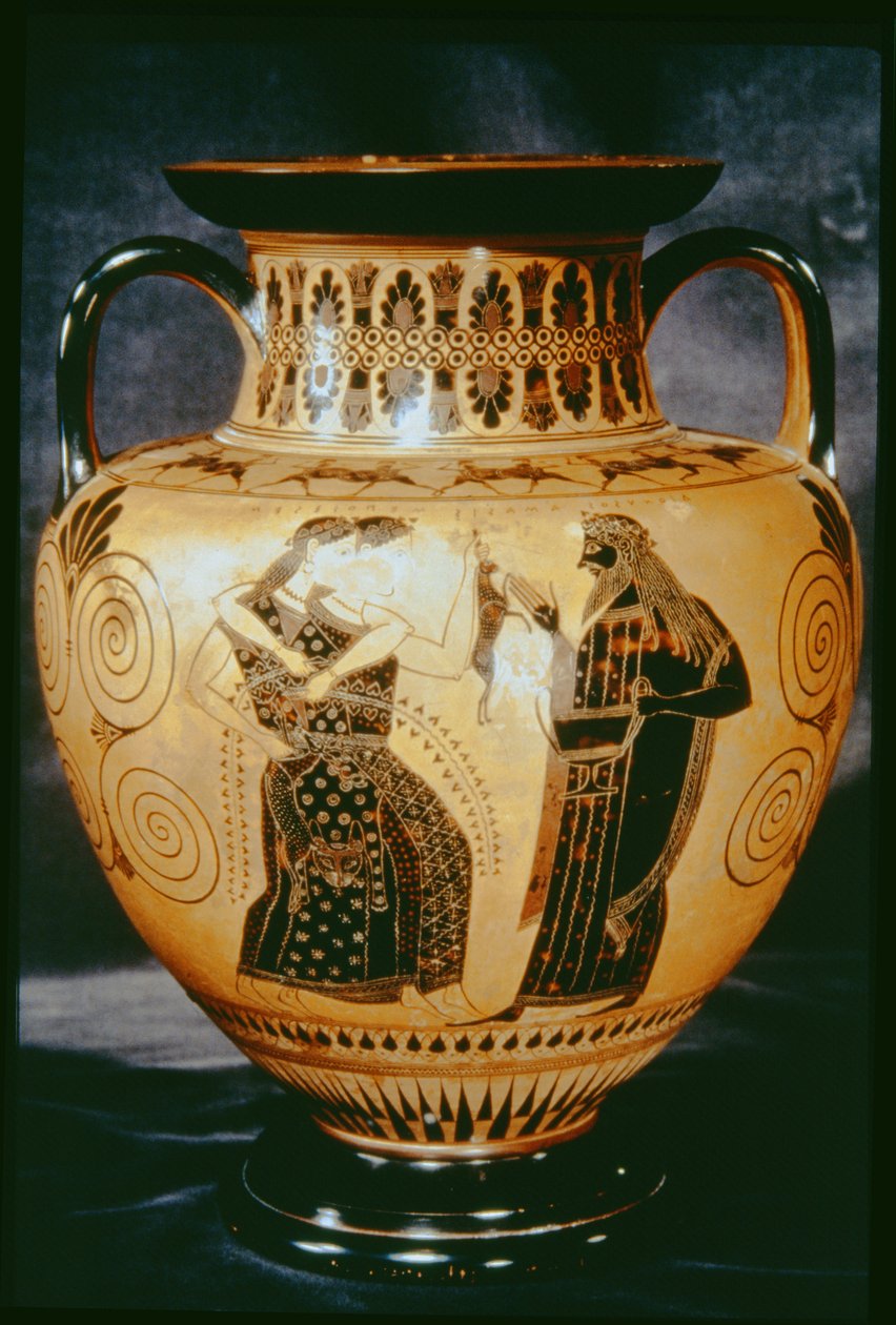 Ânfora de figura negra ática representando uma cena dionisíaca, 540-530 aC (louça de barro) de Amasis Painter