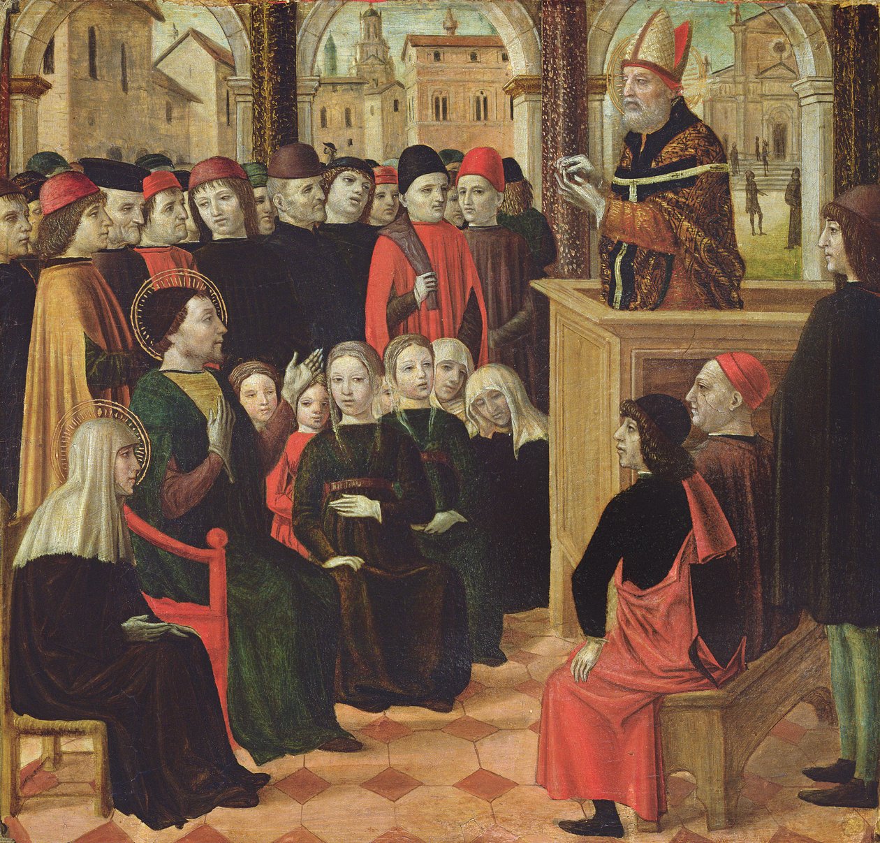 A Pregação de St. Ambroise (tempera no painel) de Ambrogio Bergognone