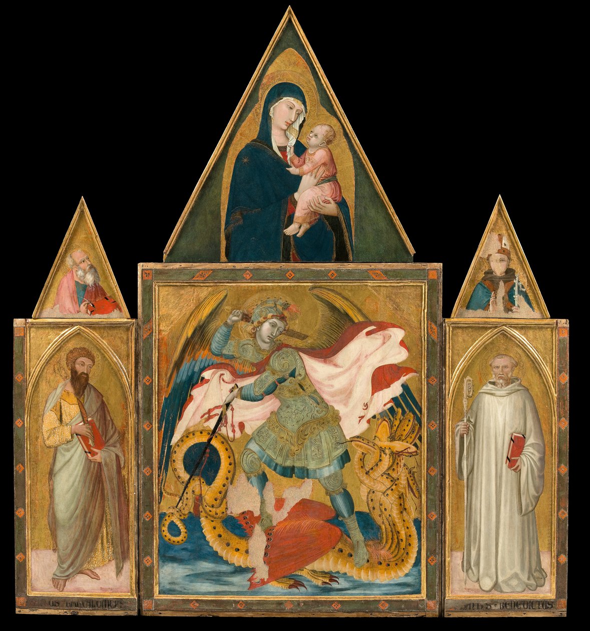 Ambrogio Lorenzetti - Poliptico da Abadia de Rofeno. São Miguel Arcanjo matando o dragão entre os santos Bartolomeu de Ambrogio Lorenzetti