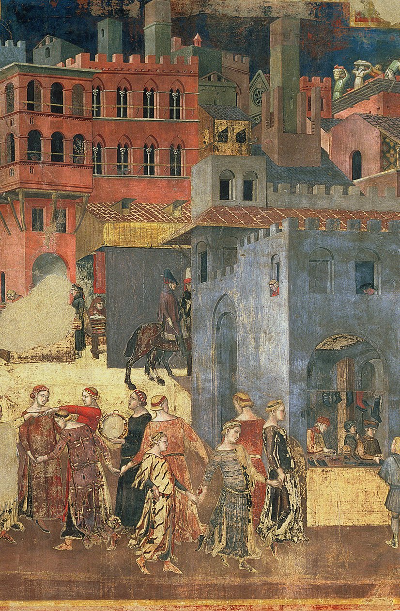 Bom governo na cidade, detalhe 1338-40 de 57868 afresco de Ambrogio Lorenzetti