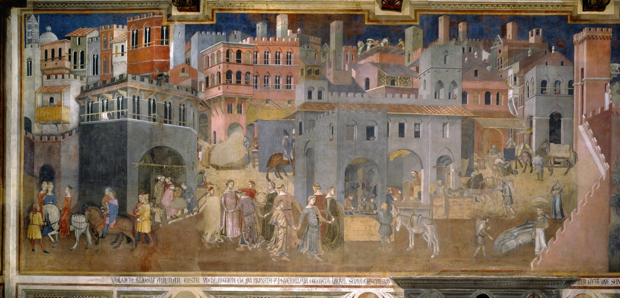 Os efeitos do bom governo nas cidades, detalhes da Alegoria e efeitos do bom e mau governo na cidade e no país, 1337-1343, Salão da Paz, Palazzo Publico, Siena de Ambrogio Lorenzetti