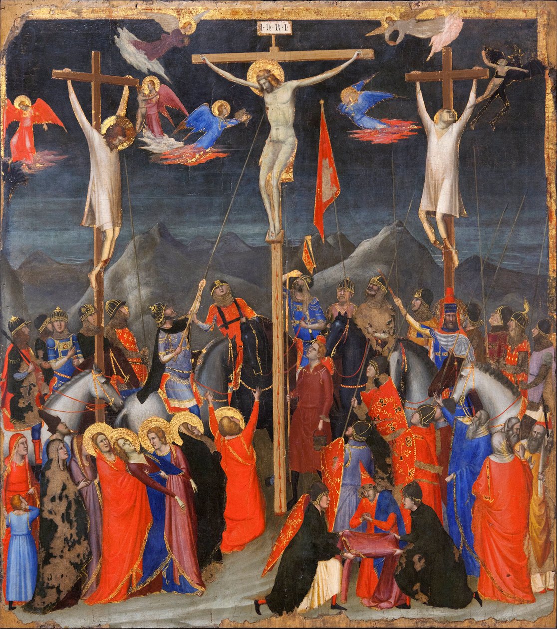 A Crucificação - Nas laterais, representação do bom ladrão (também chamado de São Dimas (ou Dysmas, Dimas, Dumas) e do mau ladrão (Gesmas ou Gestas), dois ladrões crucificados com Jesus Cristo - Inscrição INRI (I N R I) na cruz - Pintura de Gio de Ambrogio Bondone (workshop) Giotto