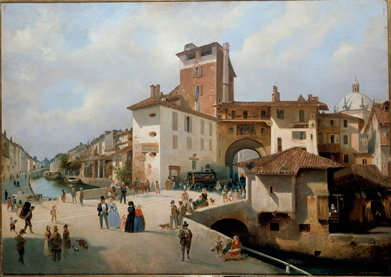 Vista do portão Ticinese, Milão (pintura de Ambrogio Fermini