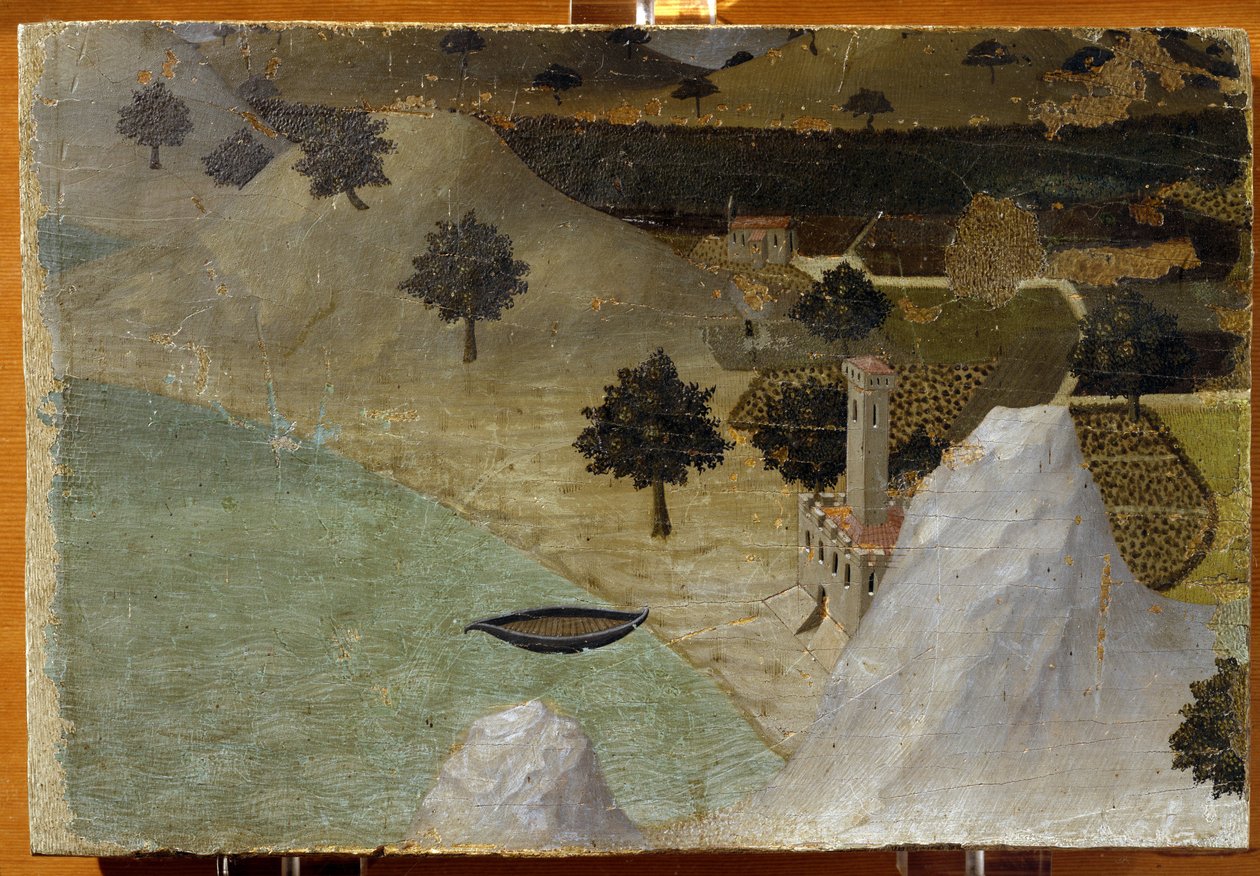 Um Castelo em pé junto a um lago - tempera no painel de Ambrogio Lorenzetti