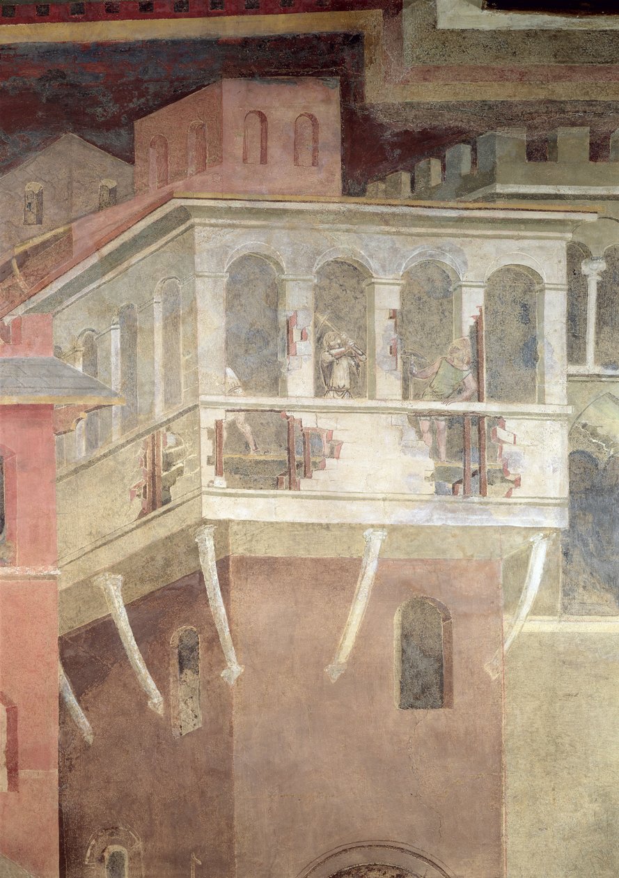 Alegoria de mau governo, detalhe da demolição de uma casa de Ambrogio Lorenzetti