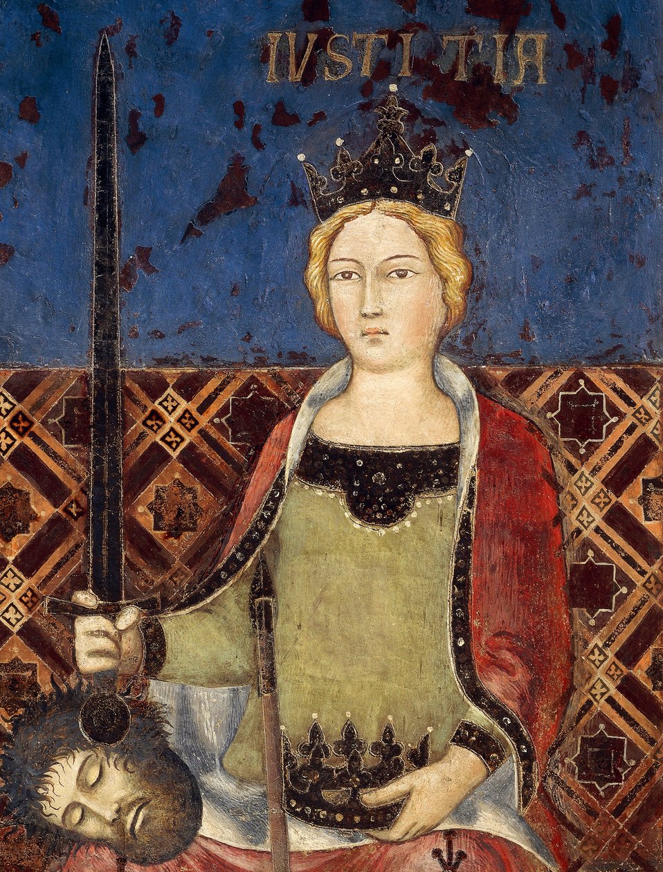 Alegoria de Bom Governo, Justiça, detalhe de Alegoria e Efeitos de Bom e Mau Governo na Cidade e no País de Ambrogio Lorenzetti