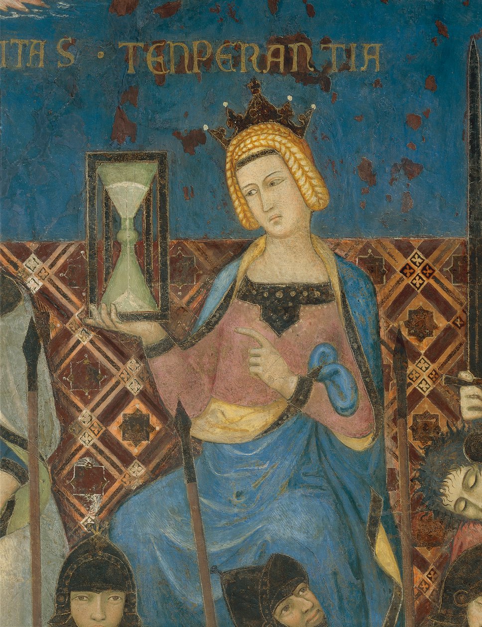 Alegoria de Bom Governo, Temperança, detalhe de Alegoria e Efeitos de Bom e Mau Governo na Cidade e no País de Ambrogio Lorenzetti