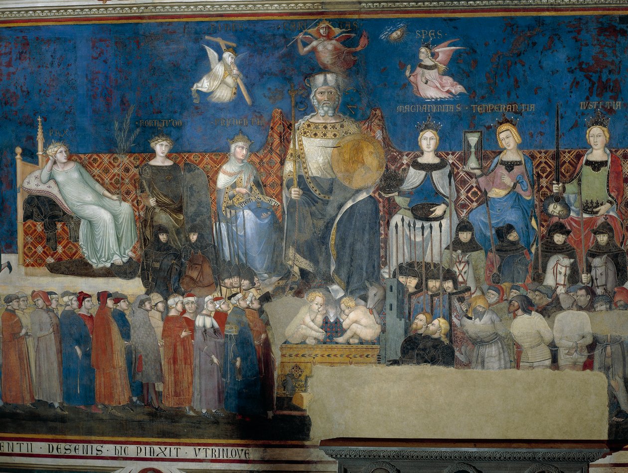 Alegoria de Bom Governo, detalhe de Alegoria e Efeitos de Bom e Mau Governo na Cidade e no País de Ambrogio Lorenzetti