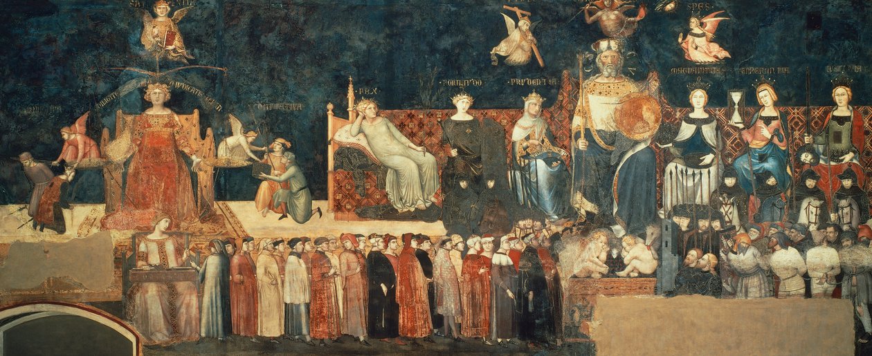 Alegoria de Bom Governo, detalhe da Alegoria e efeitos de bom e mau governo na cidade e no campo de Ambrogio Lorenzetti