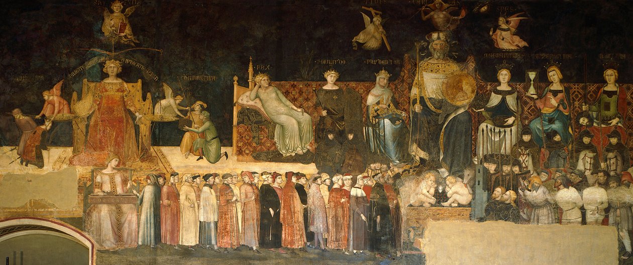 Alegoria do Bom Governo, detalhe da Alegoria e efeitos do bom e mau governo na cidade e no campo por Ambrogio Lorenzetti (ativo 1285-1348), afresco, Salão da Paz, Palazzo Publico, Siena de Ambrogio Lorenzetti