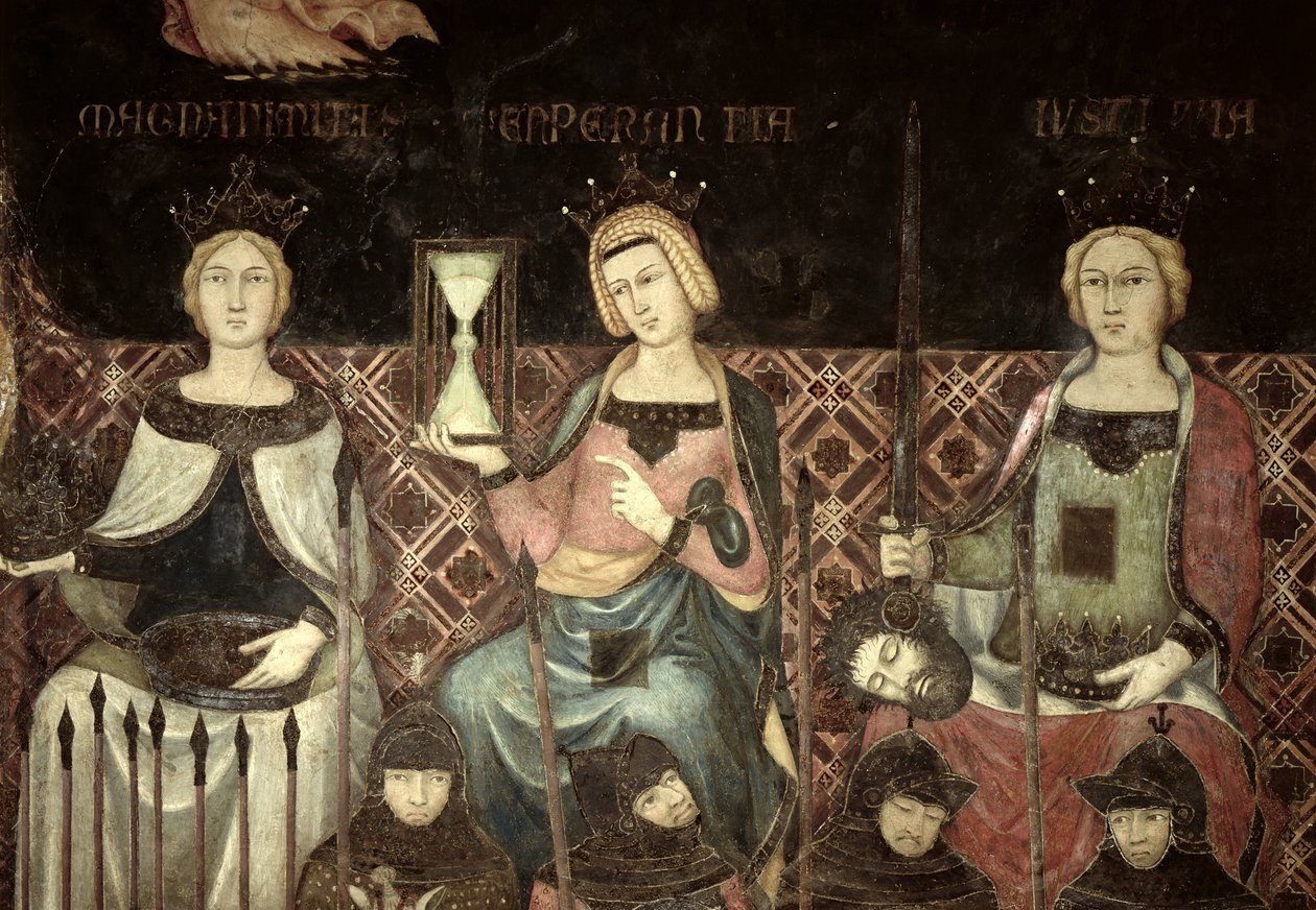 Alegoria do Bom Governo, detalhe da Justiça, Esperança e Magnanamidade, 1338-40 de Ambrogio Lorenzetti