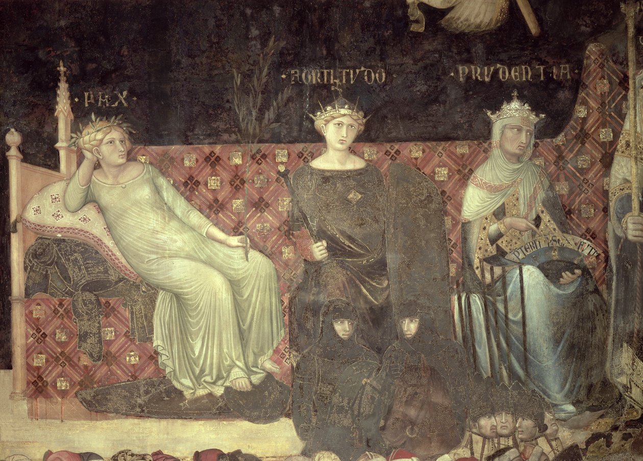 Alegoria do Bom Governo, detalhe de Paz, Fortitude e Prudência, 1338-40 de Ambrogio Lorenzetti
