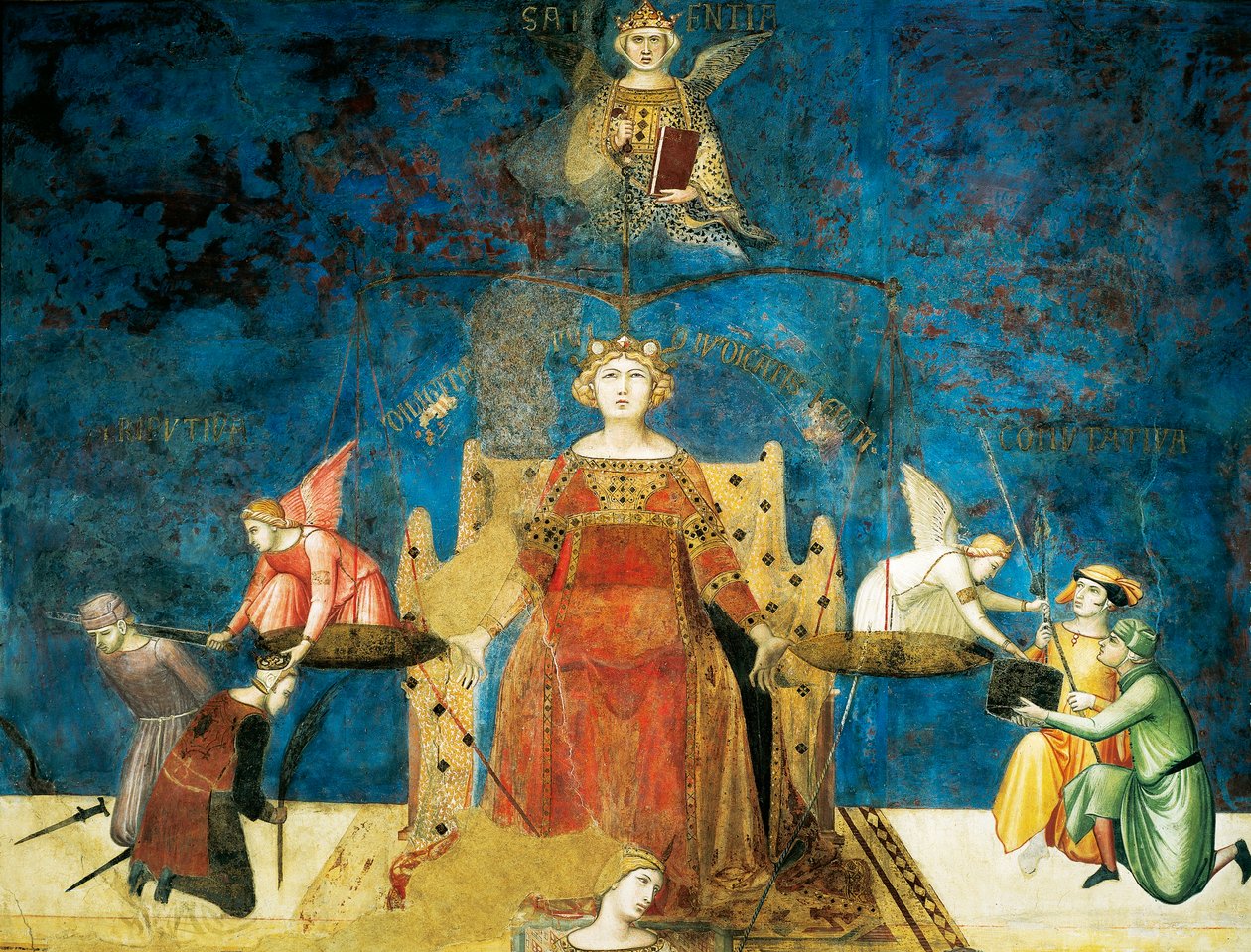 Alegoria de Bom Governo, sabedoria e justiça, detalhe da Alegoria e efeitos de bom e mau governo na cidade e no campo de Ambrogio Lorenzetti