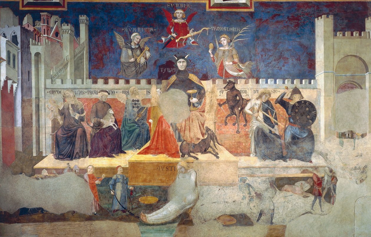 Alegoria de mau governo, detalhe de Alegorias de Bom e Mau Governo e seus efeitos na cidade e no campo de Ambrogio Lorenzetti