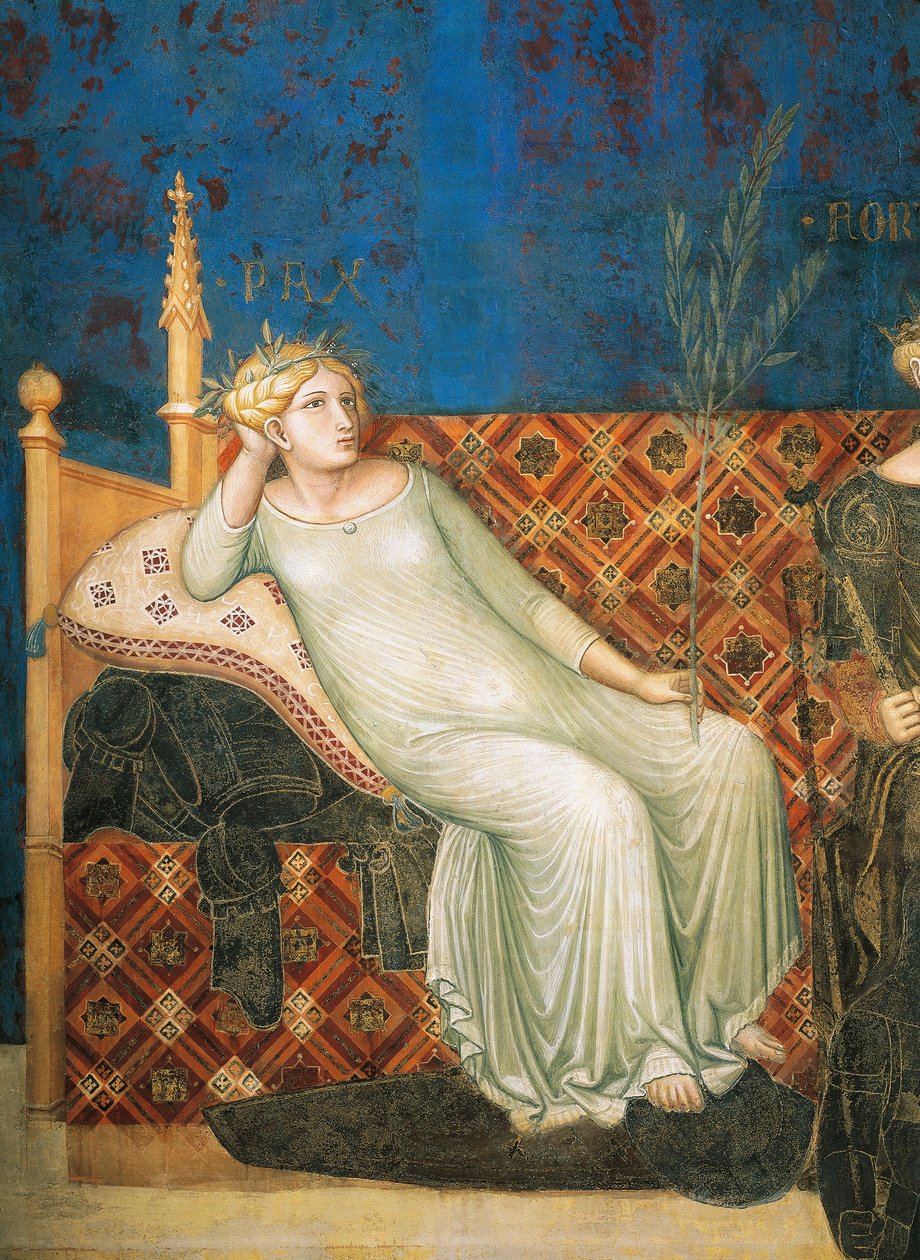 Alegoria de bom governo, paz, detalhe da Alegoria e efeitos de bom e mau governo na cidade e no campo de Ambrogio Lorenzetti