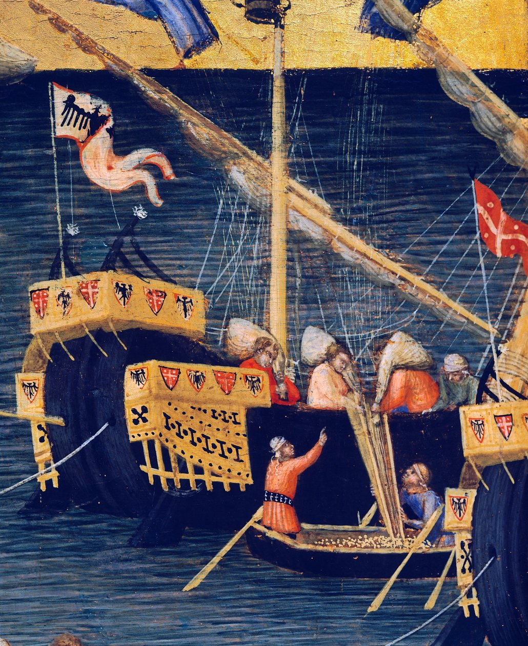 Barcos, detalhe do milagre do trigo, milagres de São Nicolau de Bari de Ambrogio Lorenzetti