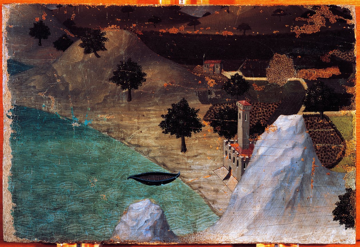 Castelo junto ao lago, de Ambrogio Lorenzetti (1319-1347), pintura sobre madeira, 22x33 cm. de Ambrogio Lorenzetti
