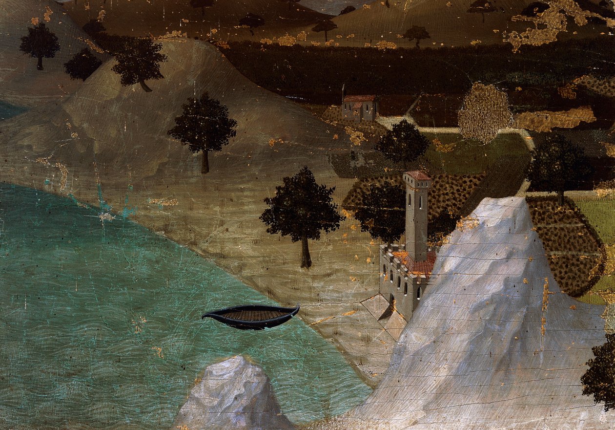 Castelo na margem do lago, por Ambrogio Lorenzetti (1290-ca 1348), Tempera na madeira, 22,5x33 cm de Ambrogio Lorenzetti