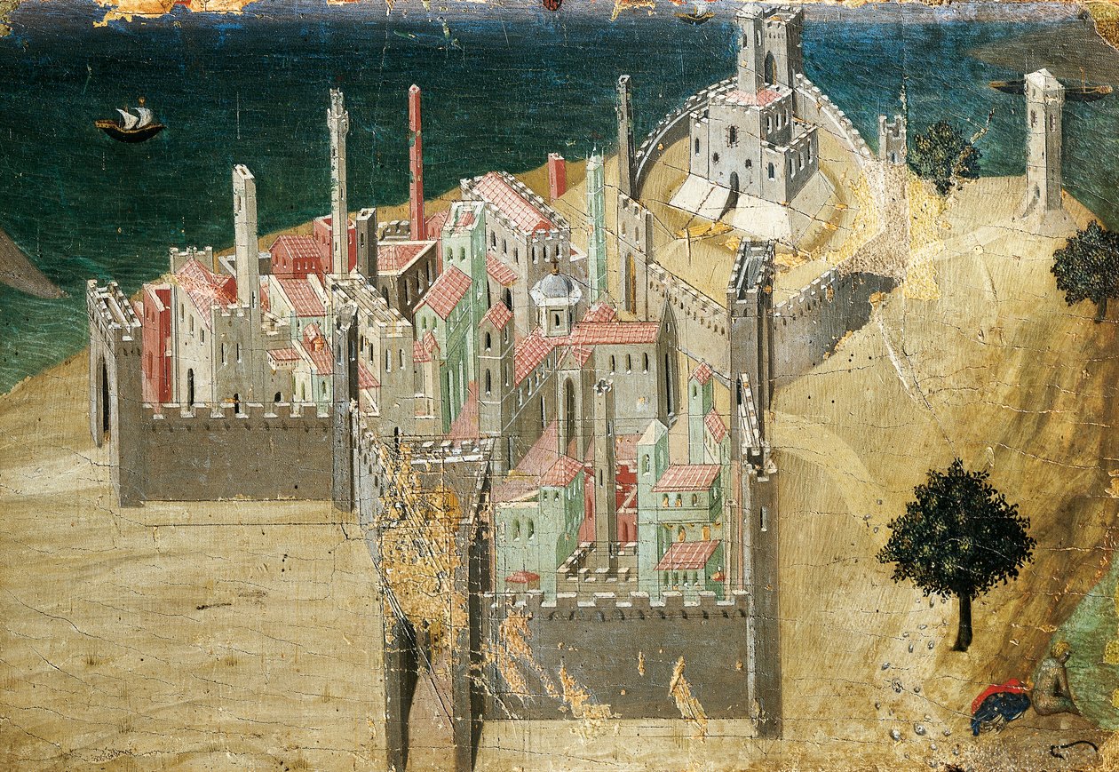 Cidade por mar, por Ambrogio Lorenzetti (1290-ca 1348) Tempera e ouro sobre madeira, 22,5x33,5 cm de Ambrogio Lorenzetti