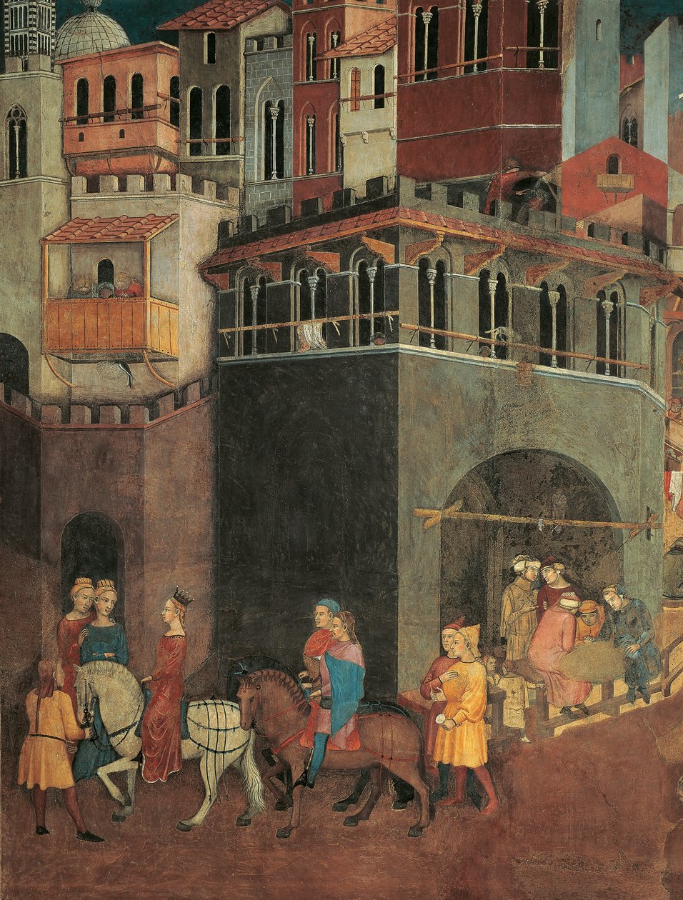 Efeitos do Bom Governo na cidade, Procissão de Nobiliy nas ruas da cidade, detalhe da Alegoria e Efeitos do Bom e Mau Governo na Cidade e no País de Ambrogio Lorenzetti