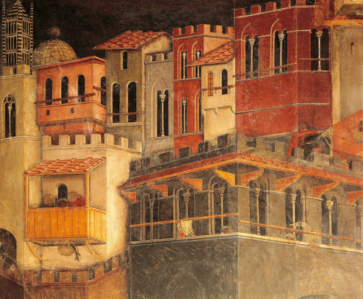 Efeitos do Bom Governo na cidade, casas, detalhe da Alegoria e efeitos do bom e mau governo na cidade e no campo por Ambrogio Lorenzetti (ativo 1285-1348), afresco, detalhe do Salão da Paz, Palazzo Publico, Siena de Ambrogio Lorenzetti